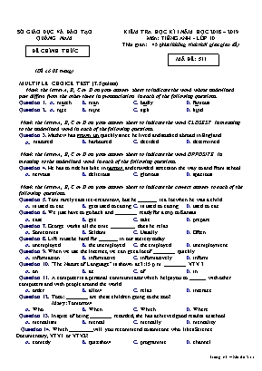 Đề kiểm tra học kỳ I môn Tiếng Anh Lớp 10 - Mã đề 511 - Năm học 2018-2019 - Sở giáo dục và đào tạo Quảng Nam